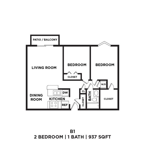A black and white image of a floor plan for a 2 bedroom, 1 bathroom apartment.